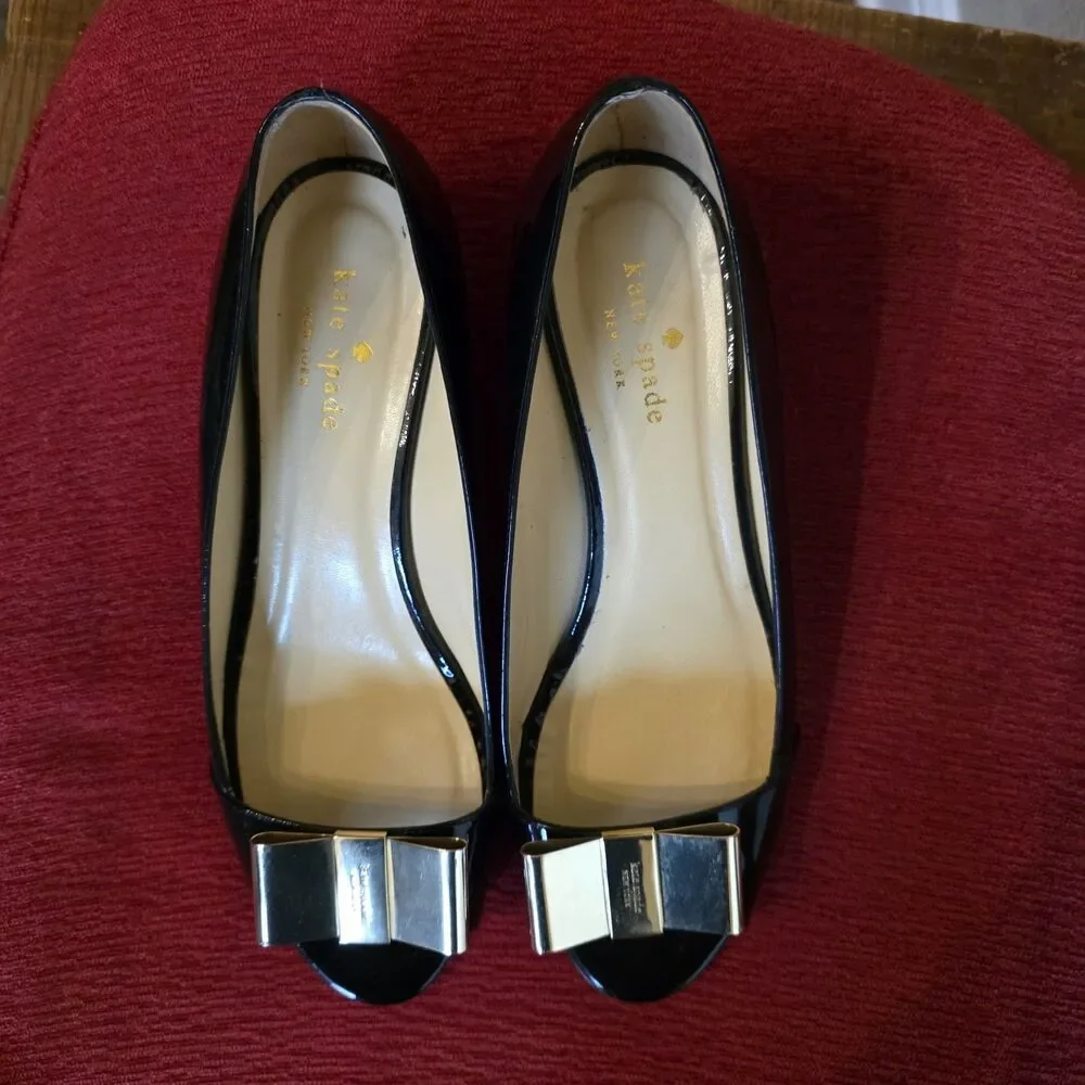 kate spade Black Patent Leather Peep-Toe Wedge Heels with Bow